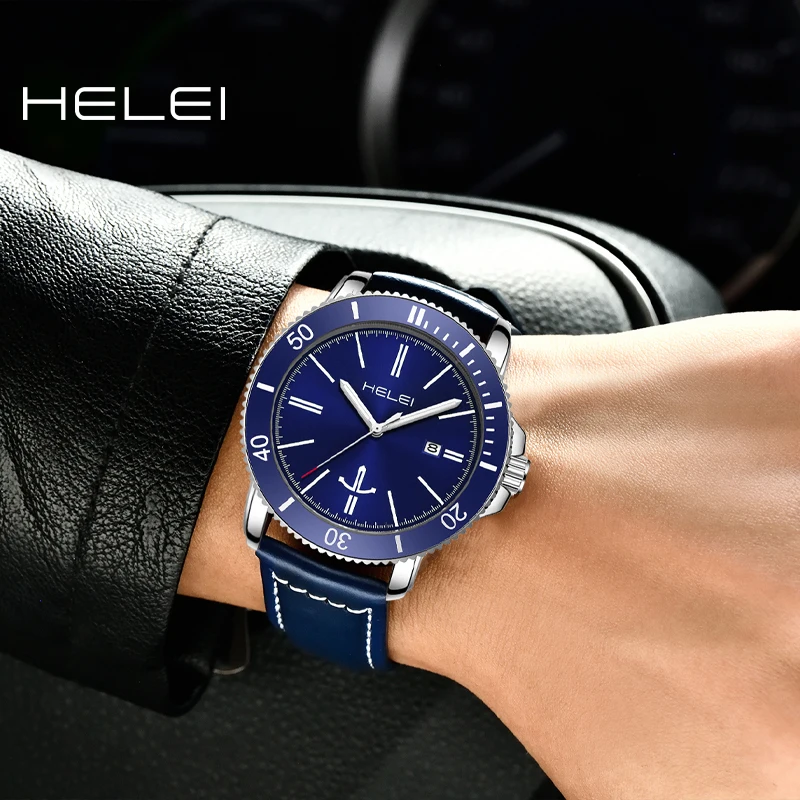 HELEI men's watches vintage quartz watches bar dial leather strap fashion quartz wristwatch men's wristwatch clock