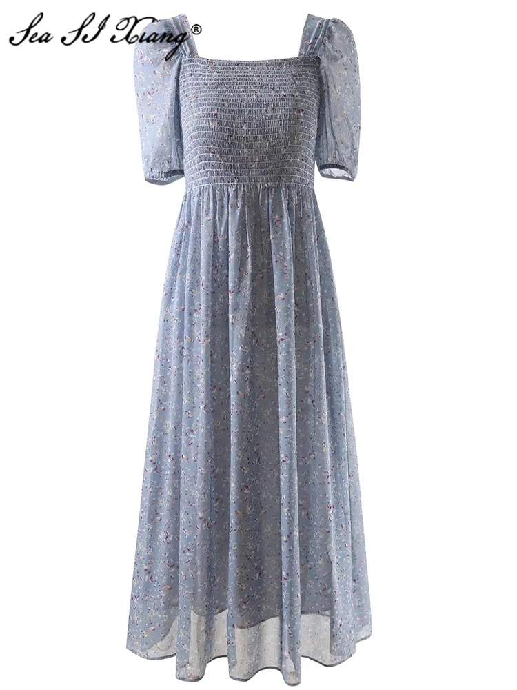 

Seasixiang Fashion Designer Summer Women Dress Square Collar Short Sleeve Flower Print Elastic Waist Vintage Party Dresses