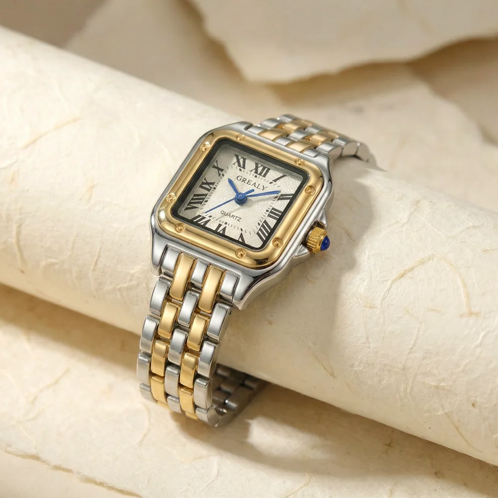 Classic Wrist Watches for Women Two-tone French Elegant Square Quartz Clock Roman Numerals Stainless Steel Ladies Dress Jewelry - 6