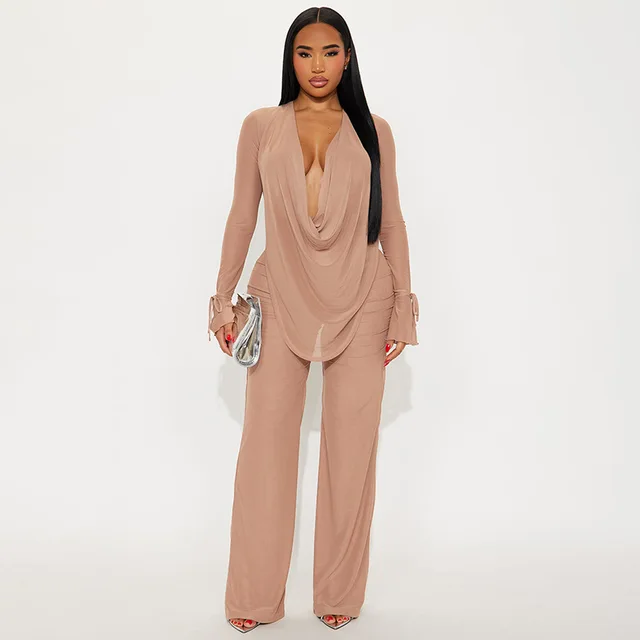 Daisy Mesh Long Sleeves Deep V-neck Pant Set 29