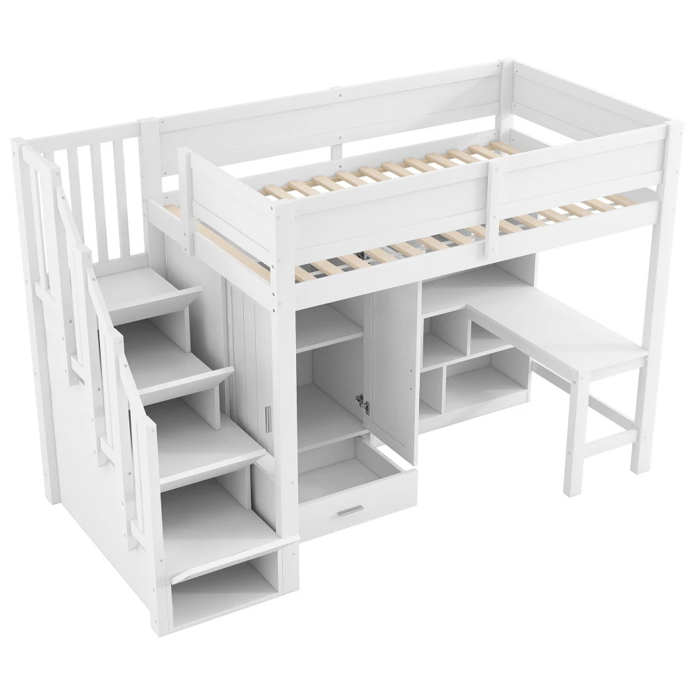 90x200cm Kinderzimmer-Hochbett mit Schreibtisch, Regal und Kleiderschrank, modernes Kinderbett mit Stauraumtreppe und LED-Leuchten, weißes Etagenbett – Detail 10