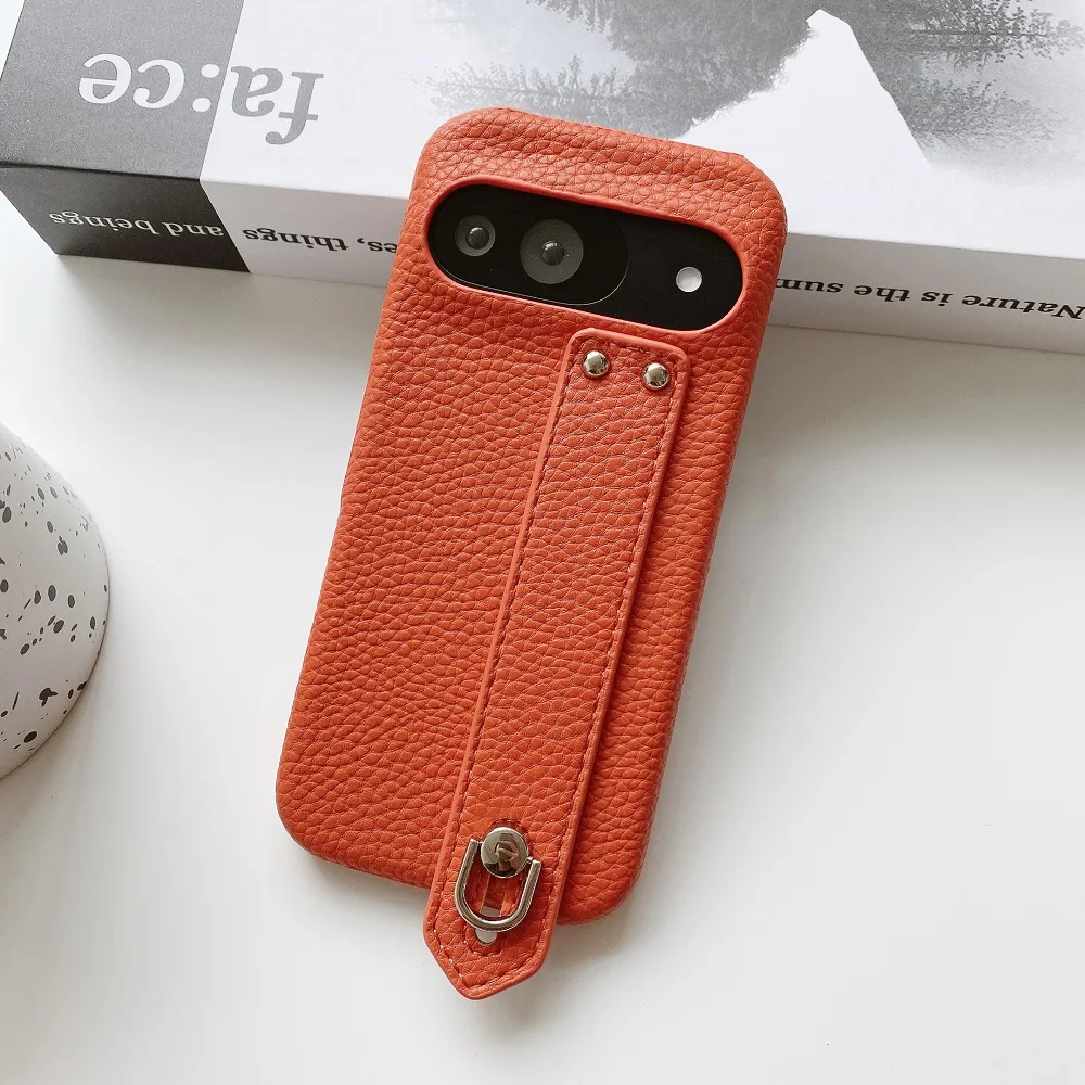 Lichee Pattern Leather Phone Case with Wrist Strap and Bracket - Protective Back Cover
