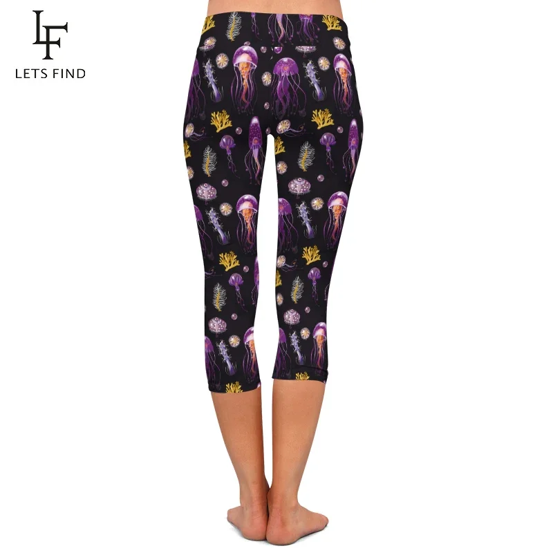 Summer Fashion Milk Silk Women Capri Leggings Jellyfish Pattern Digital Print Pants High Waist  Casual Black Leggings