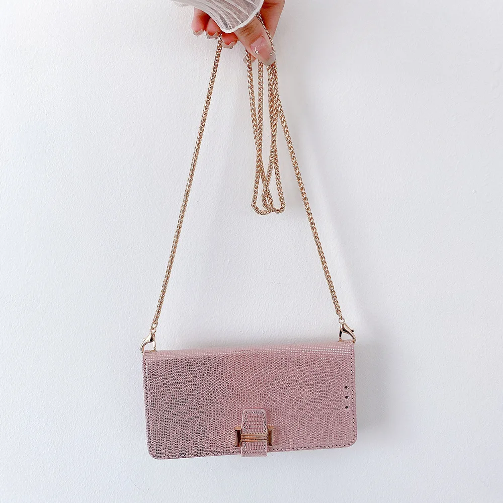 Luxurious Crossbody Leather Wallet Flip Case with Metal Shoulder Strap