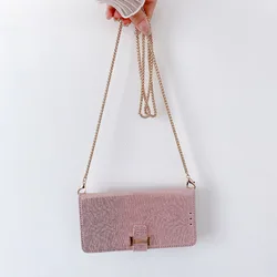 Luxurious Crossbody Leather Wallet Flip Case with Metal Shoulder Strap - Galaxy S24 (Rose Gold)