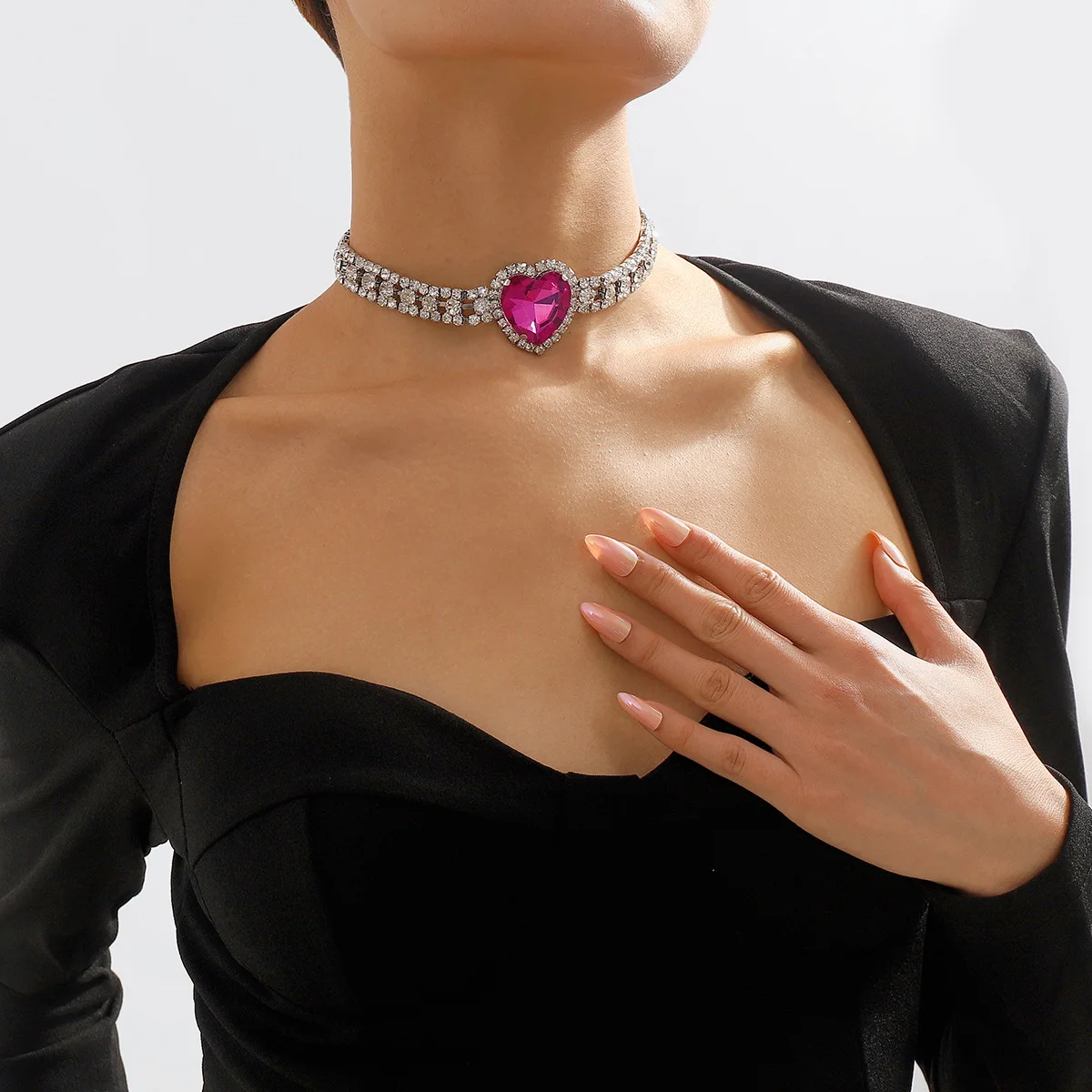Ailodo Multilayer Tennis Chain Big Crystal Heart Choker Necklace For Women Luxury Party Wedding Necklace Fashion Jewelry Gift