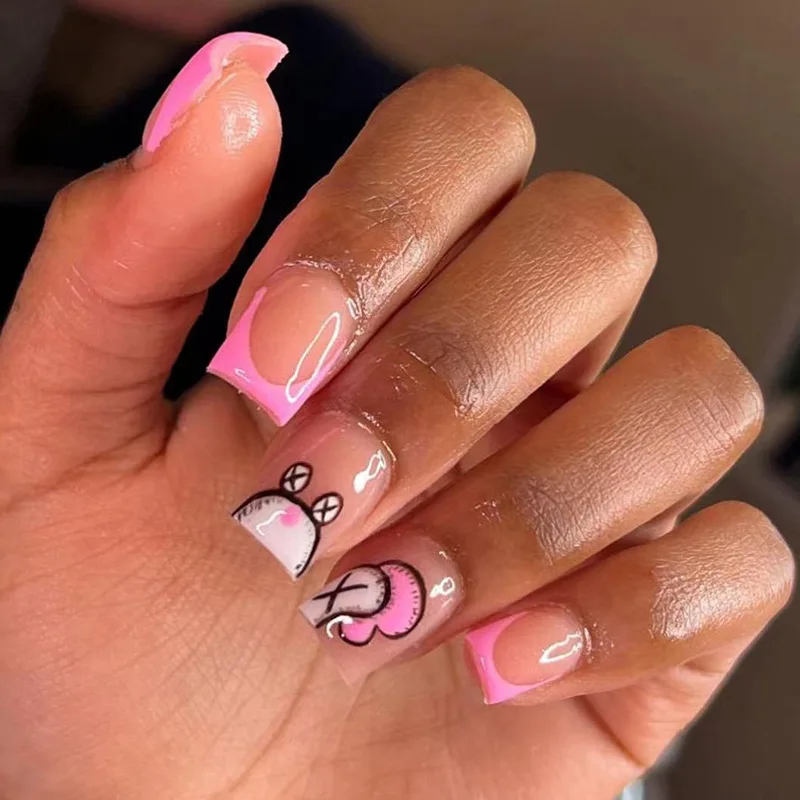 long french nail tips gradient coffin fake nails ballet false nails with rhinestone wave lines press on nails art decoration 24pcs Short Square Round False Nails French Cartoon Snail Pattern Fake Nails Full Cover Detachable Nail Tips Press on Nails