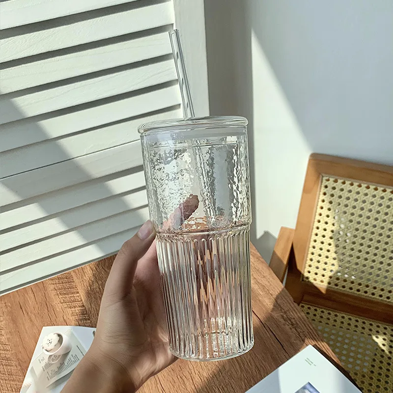 Glass Cup 600ml Ins Stripe With Lid and Straw Transparent Drinking Glasses
