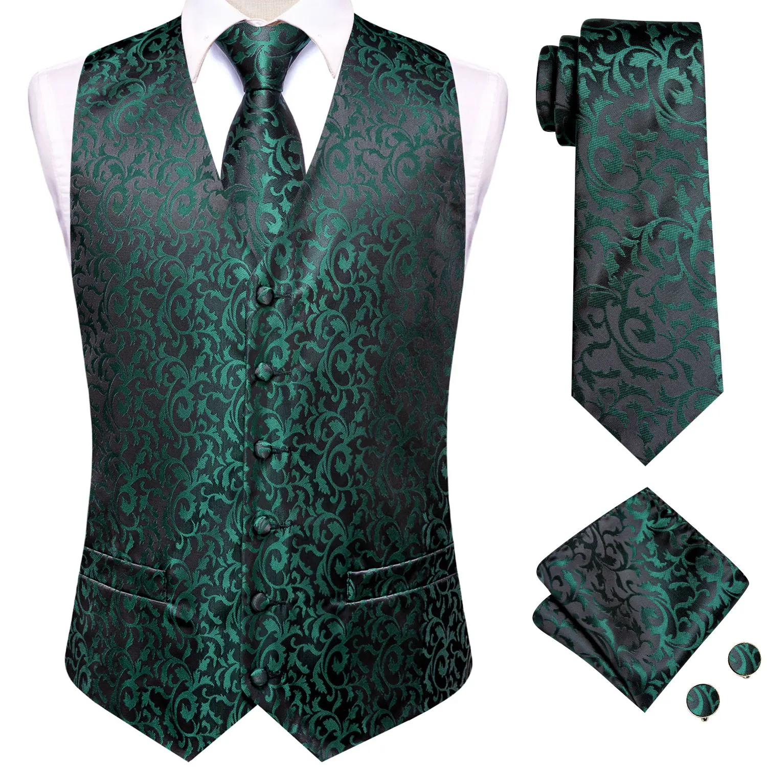 

Dark Green Jacquard Mens Vests Silk Floral Necktie Handkerchief Cufflinks Sleeveless Waistcoat Set Business Wedding Party Hi-Tie