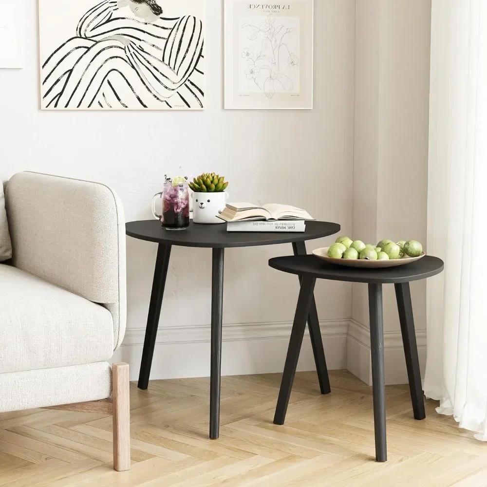 Bamboo and wood triangular end table, set of 2 living room coffee tables, modern minimalist side table in the living room