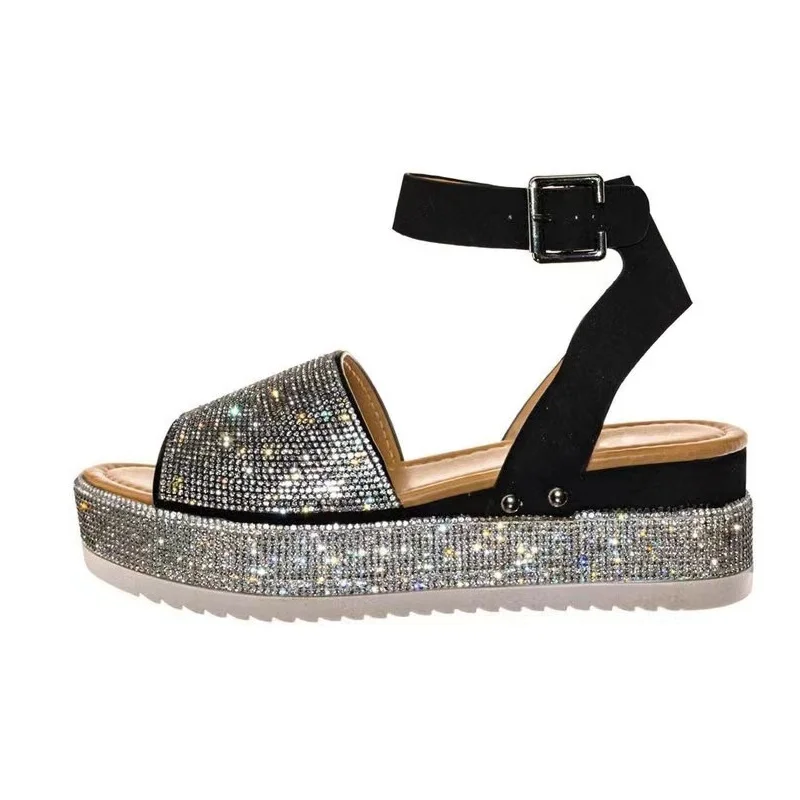 

Platform sandals Wedges Women's 2023 Trend Shoes Summer Woman Elegant Heels Fashion Party Dress Stylish Girls Black Rhinestone