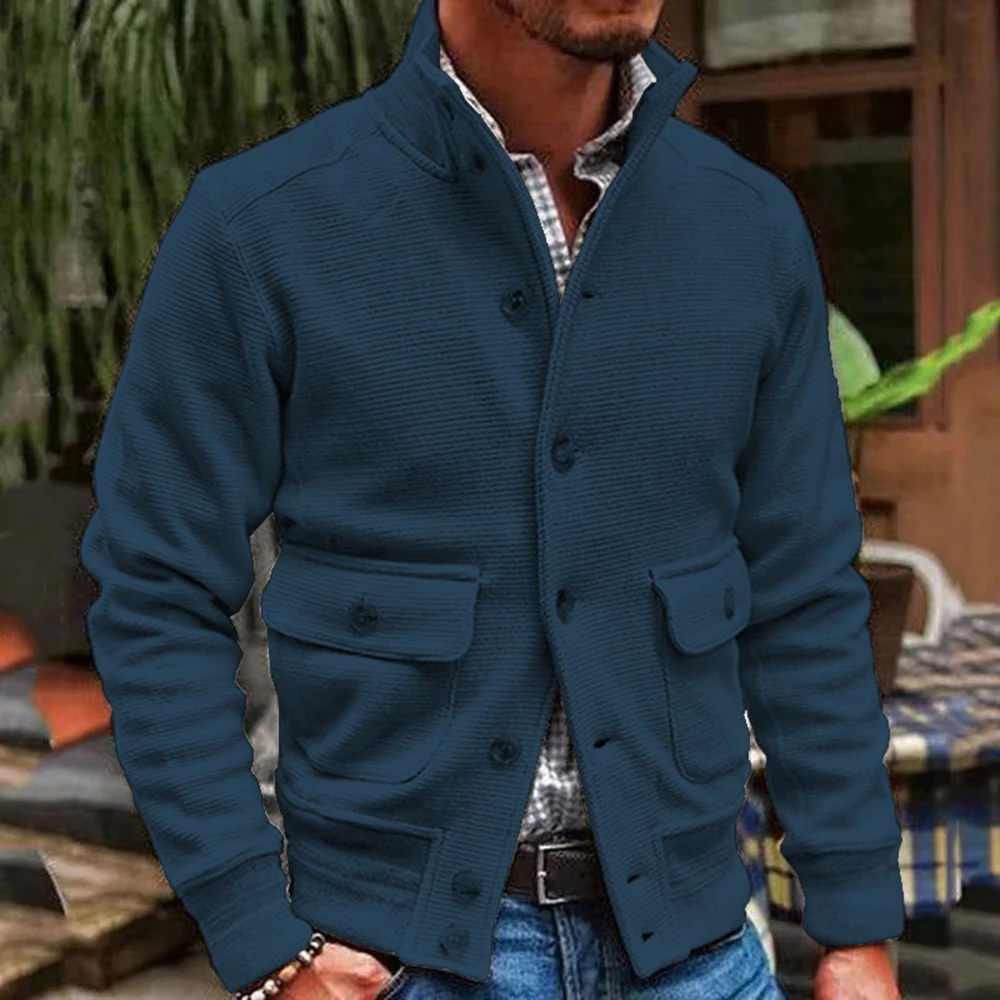 New Men Jacket Knitted Button Closure Solid Color Single-Breasted Streetwear Autumn Winter Stand Collar Suit Coat for Daily Wear