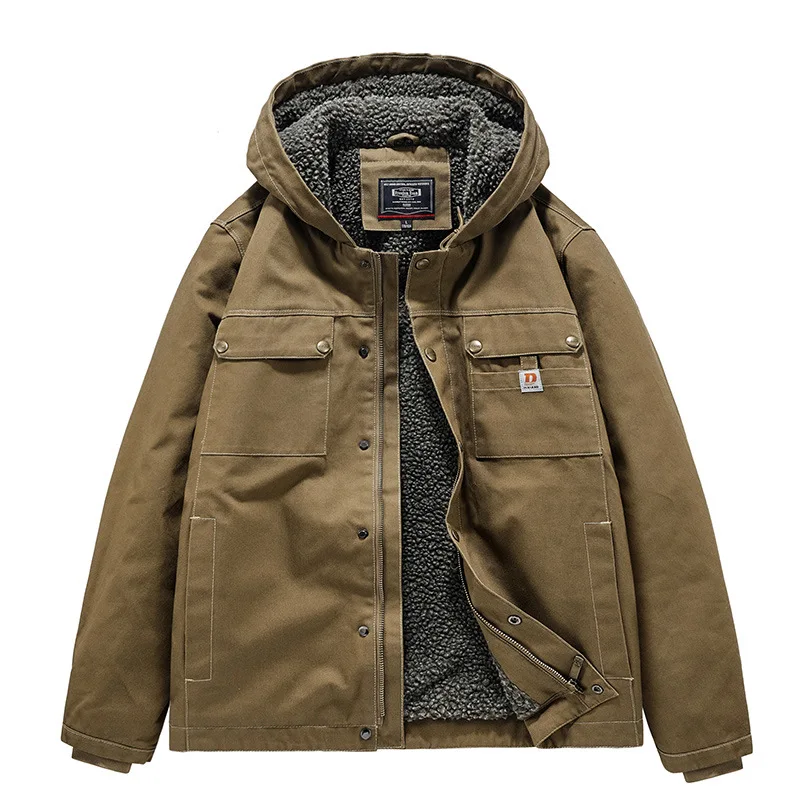 

Autumn and Winter Men's Cargo Cotton-padded Jacket Hooded Lamb Wool Lining Coat Windproof Warm Jackets