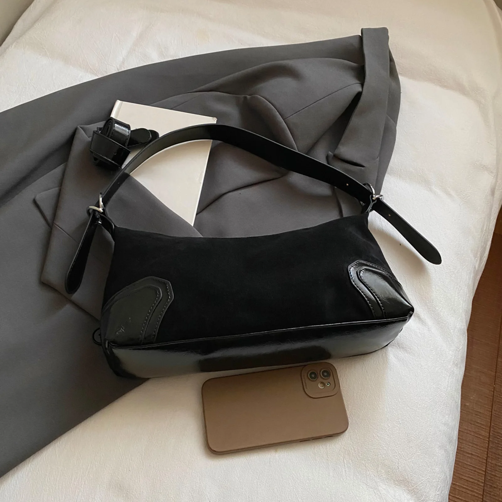 Faux Suede Solid Color Top Handle Handbag Lightweight Work Tote Purse for Girls Woman Birthday Gifts