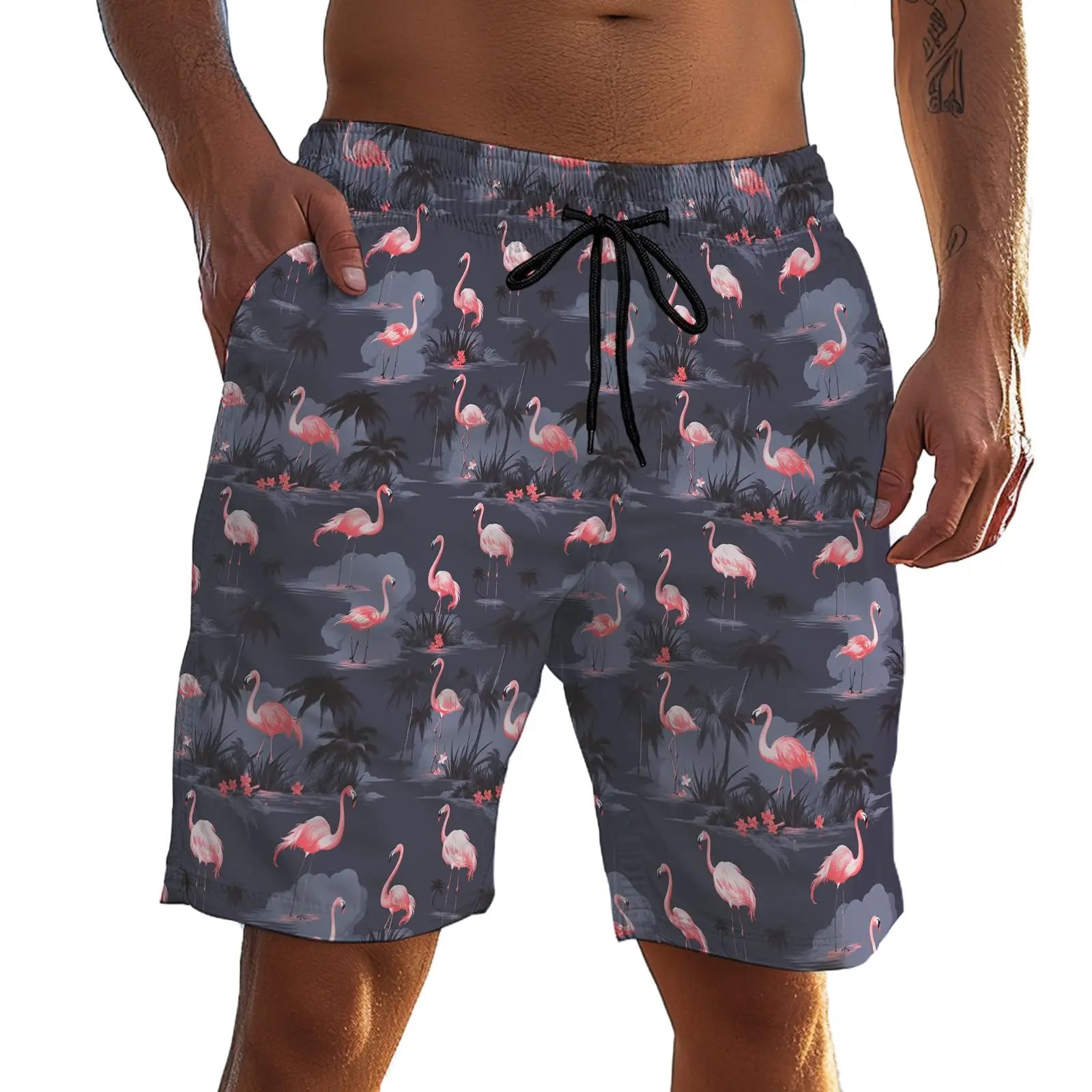 Mens Casual Beach Shorts Flamingo Print Surfing Trunks