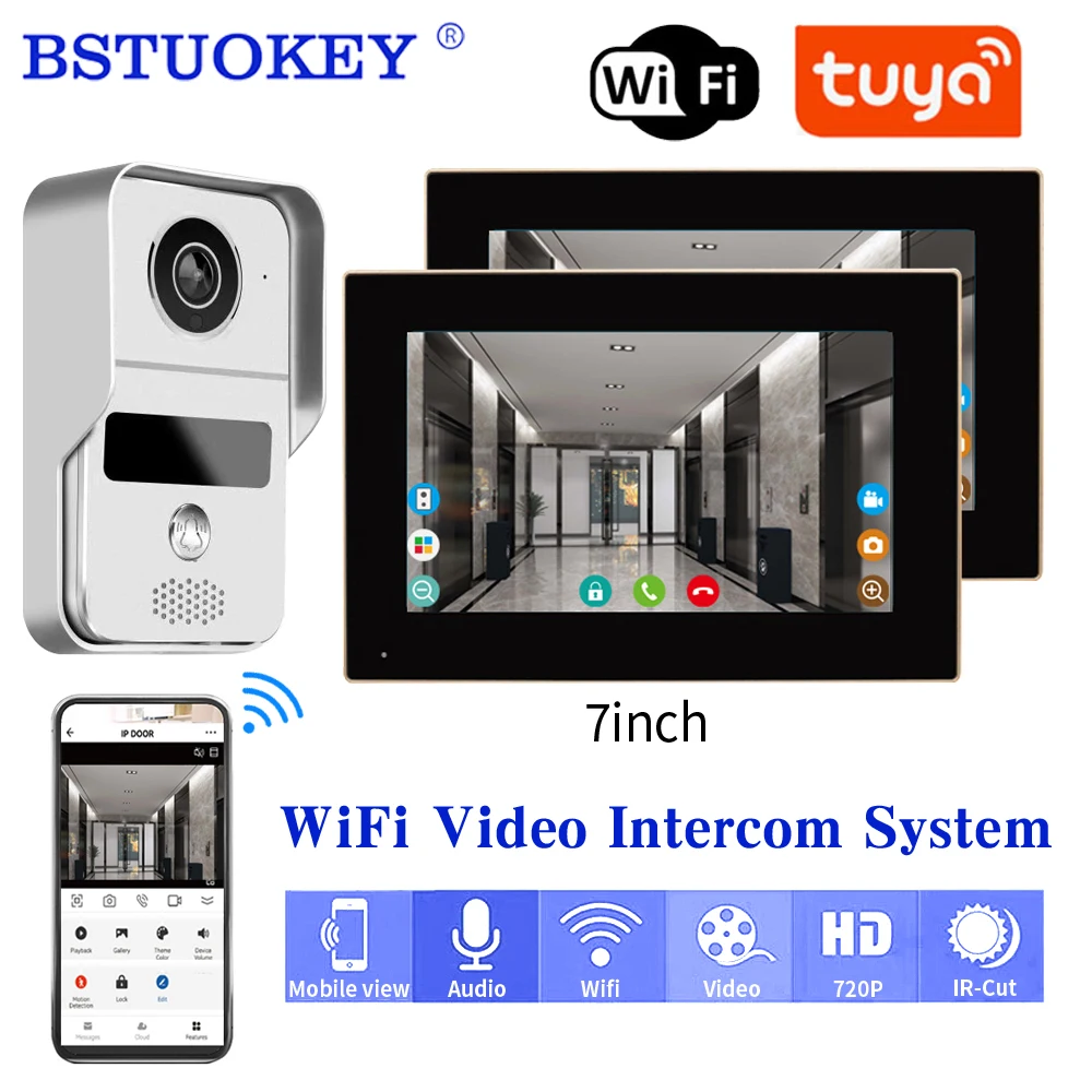 Smart Video Doorbell Tuya Wifi 1080P RFID Wireless Door Viewer Camera Intercom 7 inch Screen Motion Record