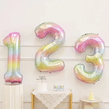 Ballons en aluminium avec chiffres arc-en-ciel Pastel, 40 pouces, 1 pièce, ballon numérique dégradé de ciel étoilé, décorations de fête d'anniversaire pour enfants, boule à hélium 1