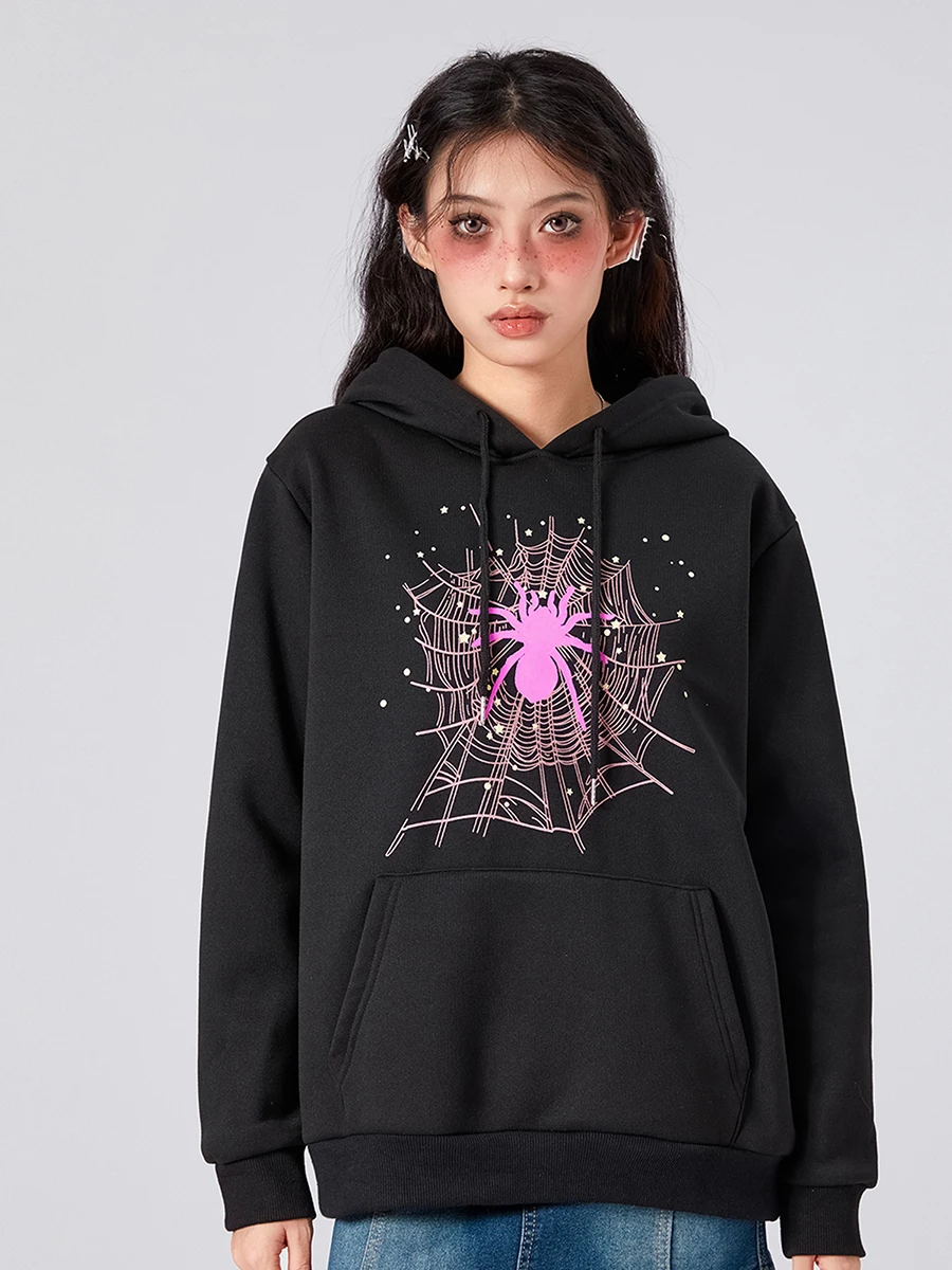 

Women Halloween Hooded Hoodie Long Sleeve Cobweb Spider Print Casual Loose Sweatshirt Pullover Fall Tops with Pocket Streetwear