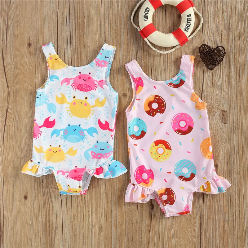 0-36m Baby Girls Bodysuit Swimsuit Summer Cute Crab Donut Printing Sleeveless Swimwear For Infant Girls Vacation Swimming Suits