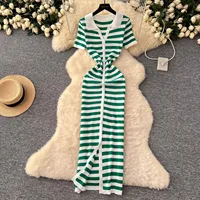 YuooMuoo Chic Fashion Sexy Wrap Hips Knitted Maxi Dress 2025 Summer Women Single-breasted Stripes Sweater Dress Streetwear Robes 1