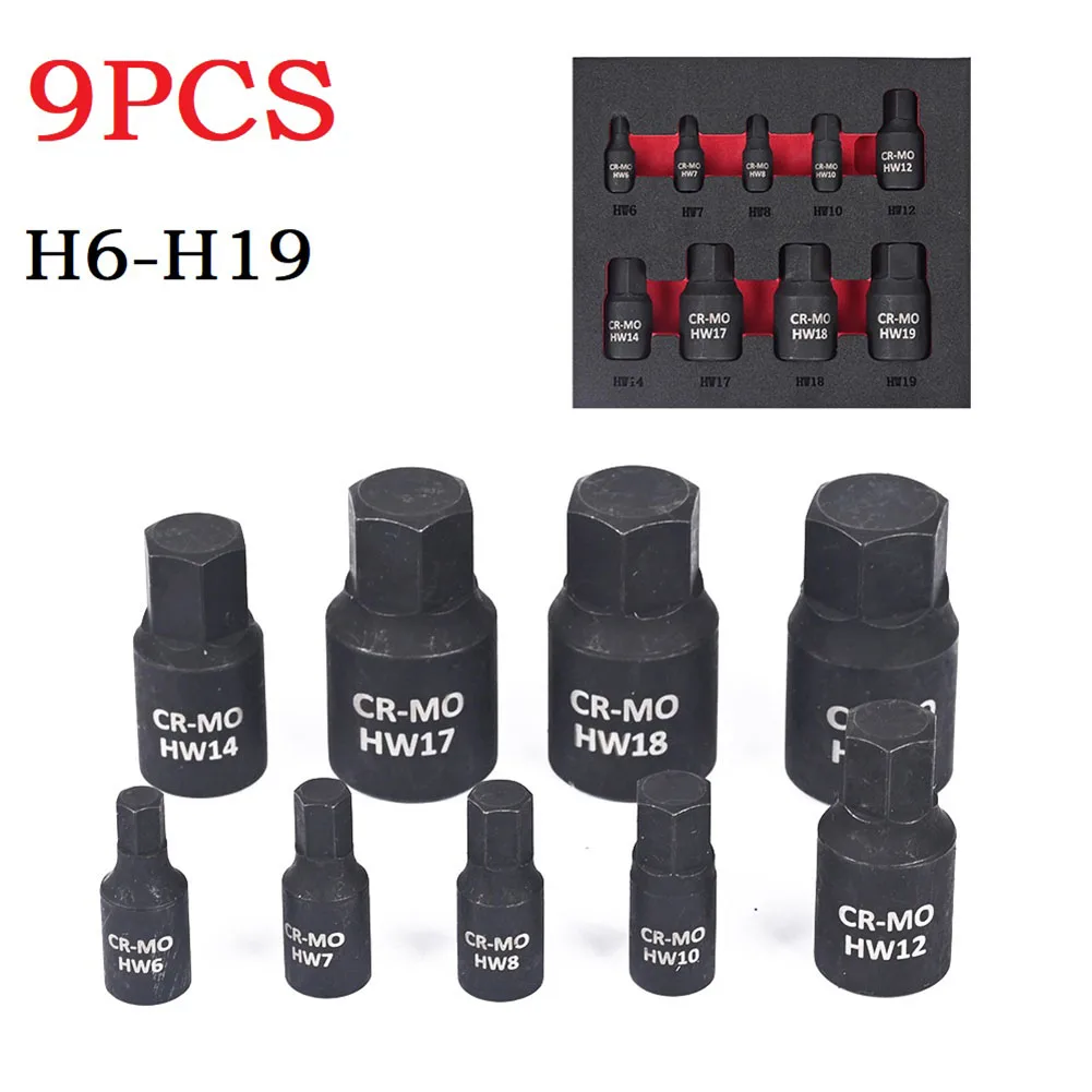 

9 Pcs Hex Screwdriver Bit 1/4 3/8 1/2 Inch Drive Socket Bits Hand Tools H6 H7 H8 H10 H12 H14 H17 H18 H19