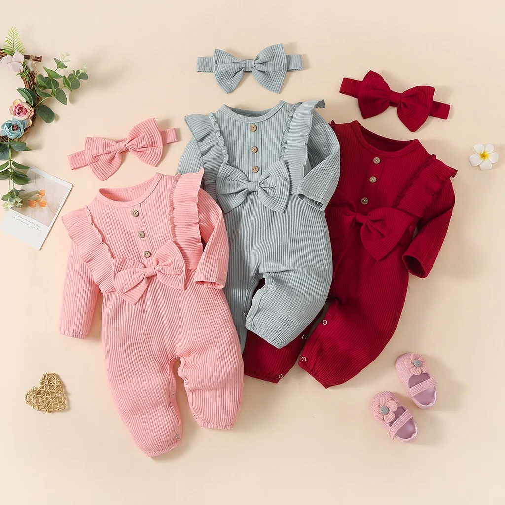 Infant Baby Girls Romper Newborn Baby Girl Clothes Solid Color Ribbed Jumpsuit with Headband 2PCS Outfits 1
