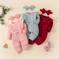 Infant Baby Girls Romper Newborn Baby Girl Clothes Solid Color Ribbed Jumpsuit with Headband 2PCS Outfits 1