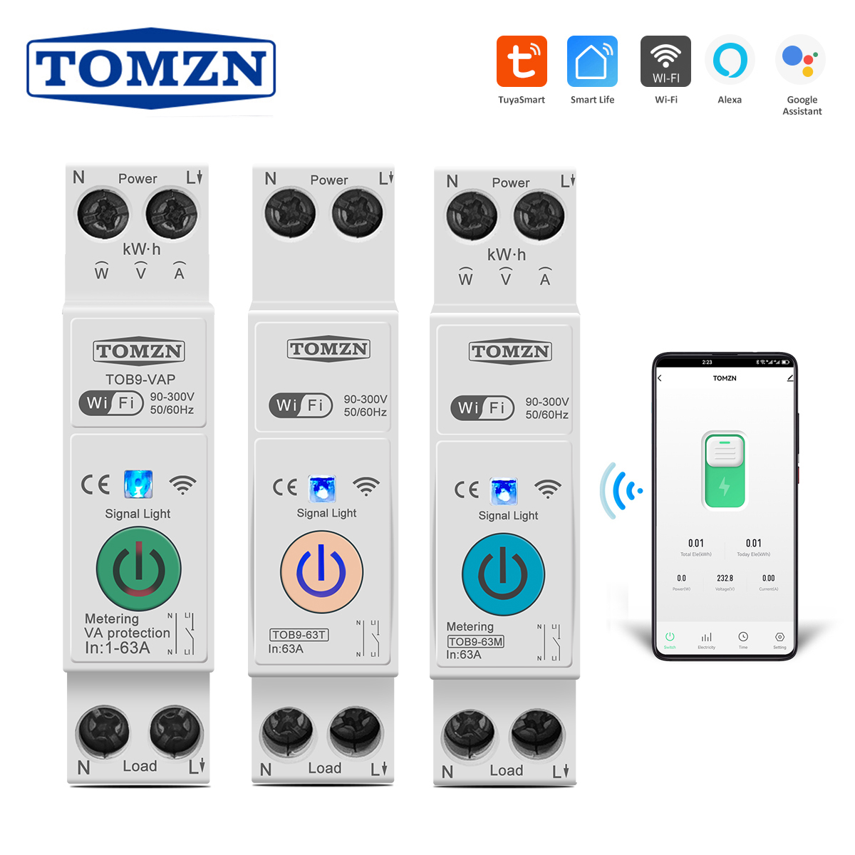 TOMZN 63A 1P+N WIFI Smart Switch Energy Meter Kwh Metering Monitoring Circuit Breaker Timer Relay MCB TUYA smartlife