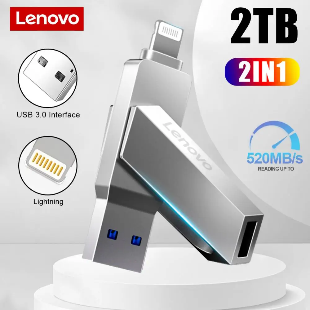 Pen Drive Lenovo 2TB 1TB USB Flash For Iphone OTG Lightning USB 3.0 Metal 2-in-1 128GB