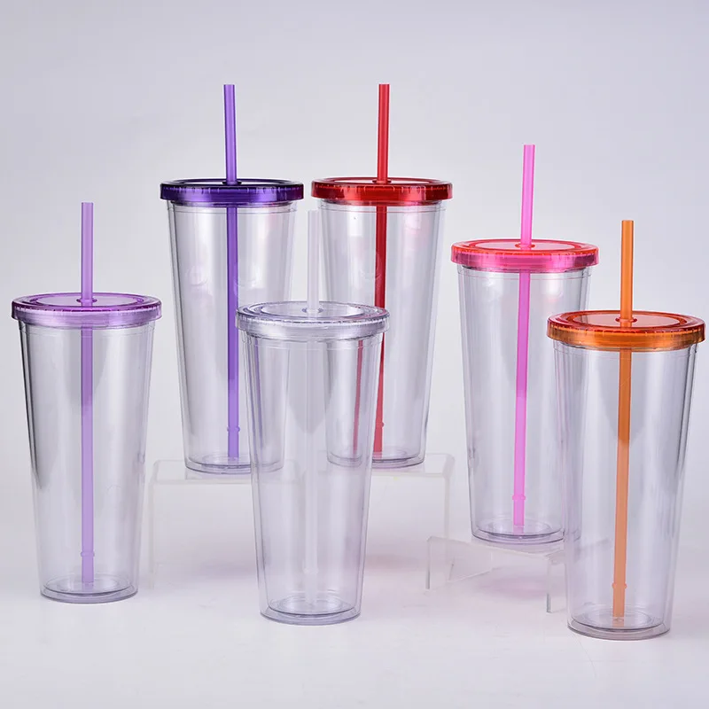 double wall reusable 700ml 710ml 24oz transparent clear plastic cup cold  cup plastic tumbler with straw and lid