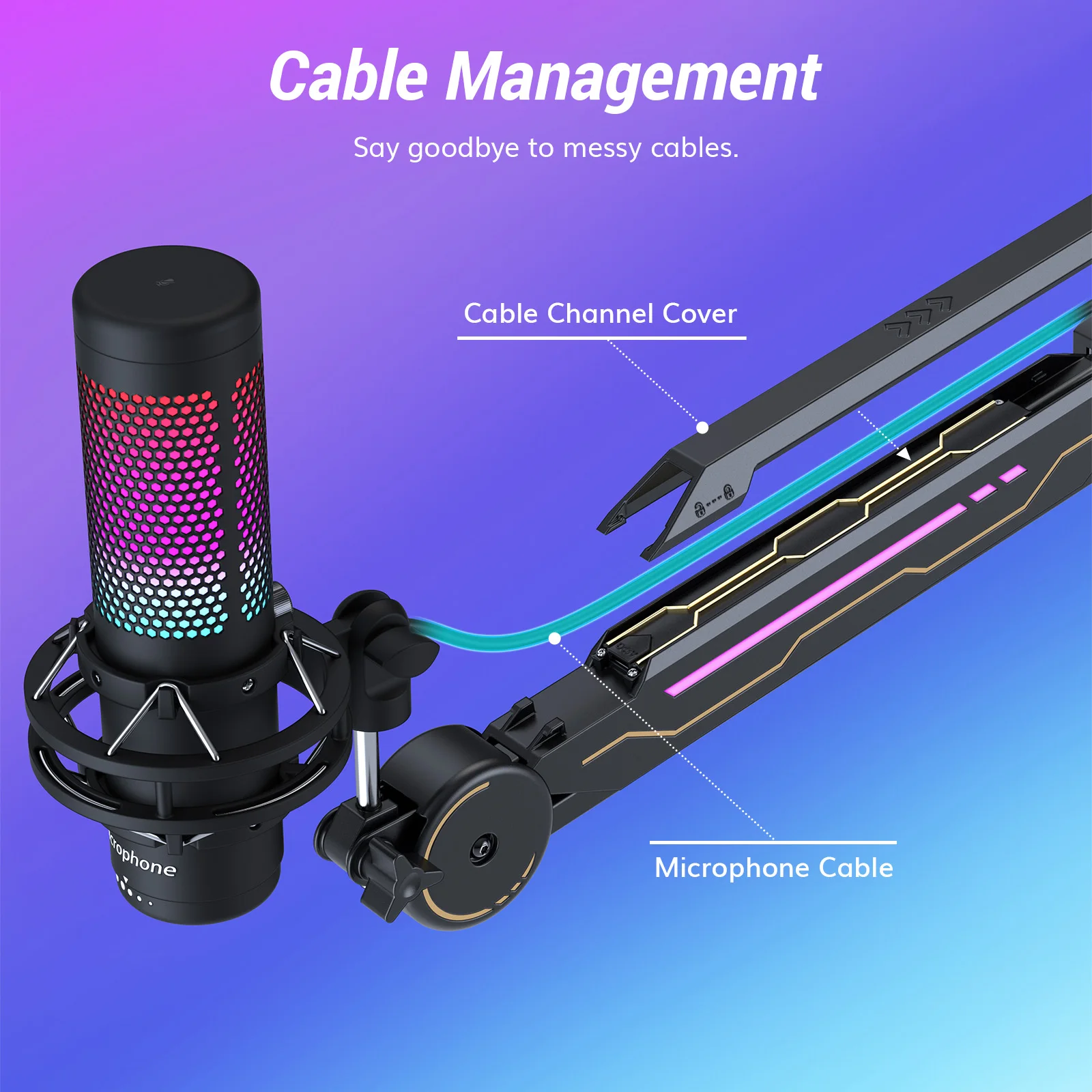 RGB Boom Arm Adjustable Mic Stand with RGB Light 5/8&rsquo;&rsquo; Screwadapter Rotatable Suspension Boom Scissor Stand