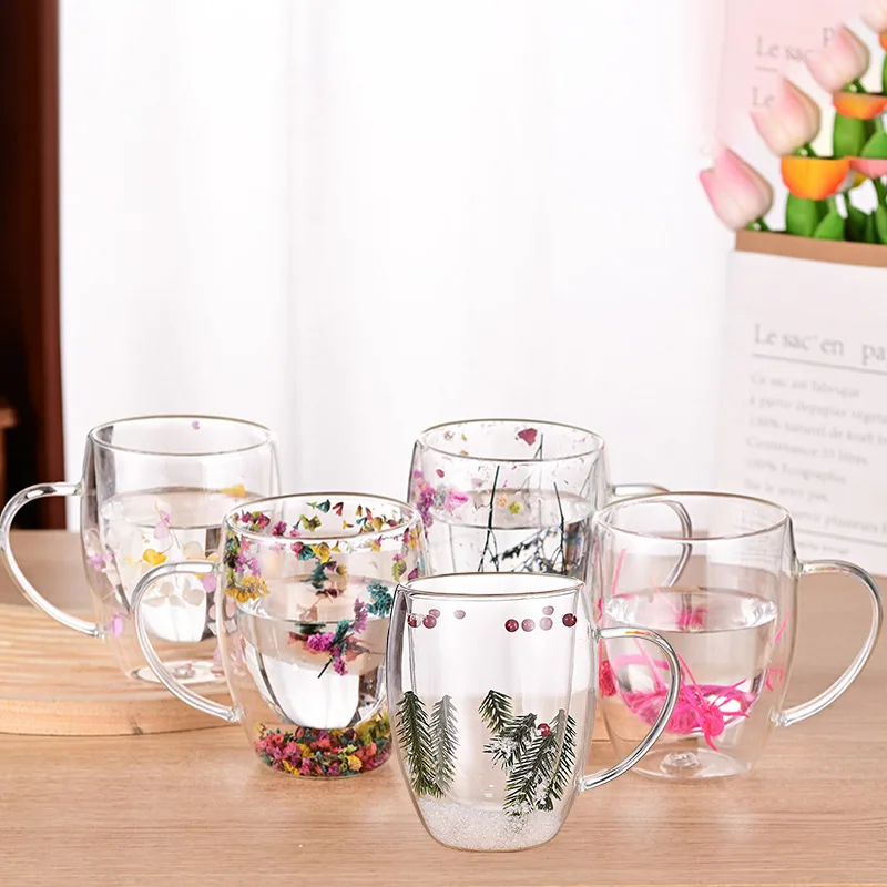 Tasses à café en verre transparent à double paroi de fleurs