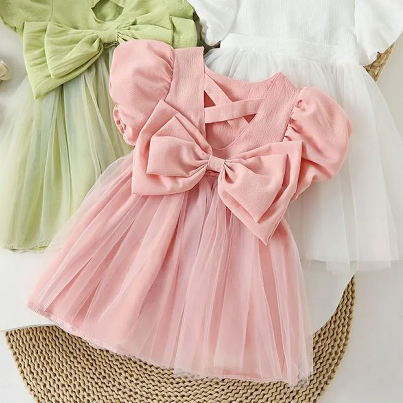 

Newborn Baby Girls New Summer Dress Fashion Princess Bow Short Sleeve Treasure Birthday Party Dress Mesh skirt Clothes 1-4Y