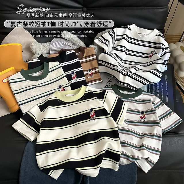 T-shirt d'été à manches courtes en coton pour enfants, à rayures, pour garçons et filles, hauts à la mode vintage 1