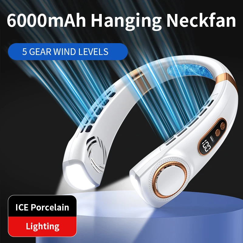 6000mAh Hanging Neck Fan With Colorful LED Light Portable Type C Fast Charging Neckfan Multifunctional Leafless Electric Fan