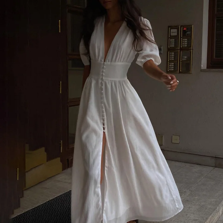 

INS Style 2024 New Elegant Design Sense Bubble Sleeves Show Thin Temperament Slim Fit Split Long Dress