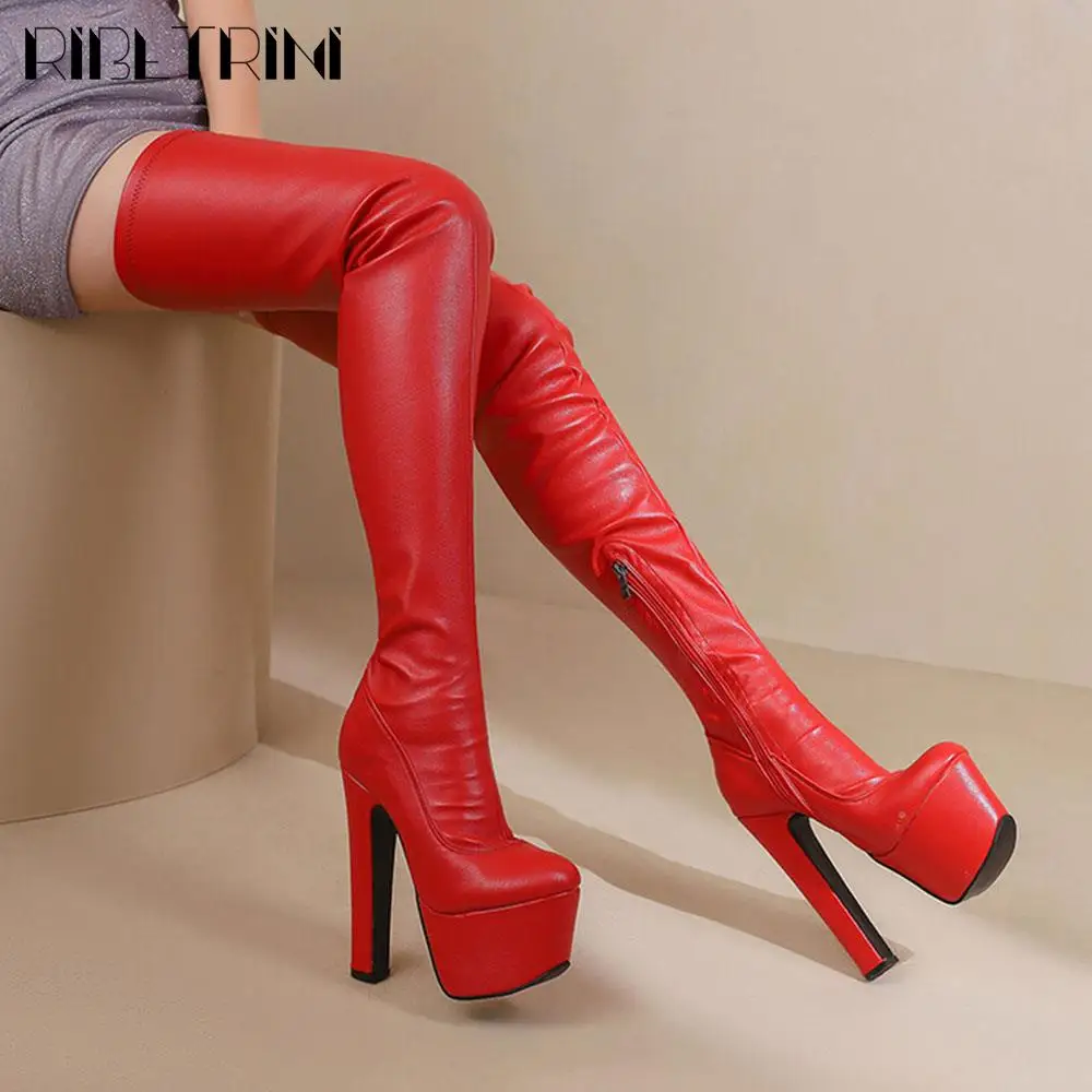Sexy Over Knee High Boots Women Spike High Heels Zip Thick Platform Elastic Boots women high heel boots