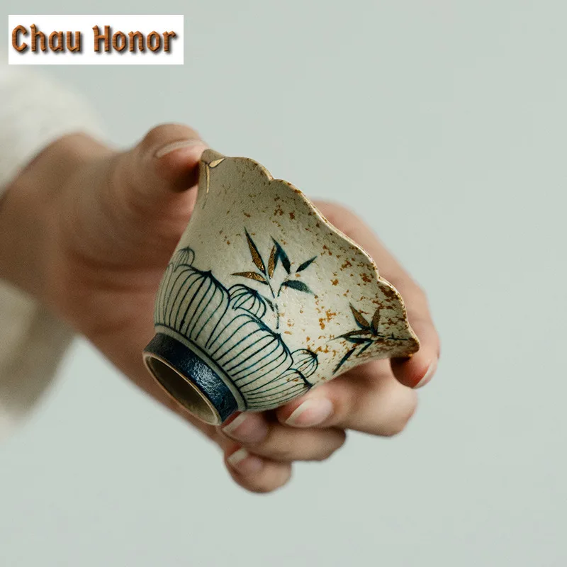 60ml Handmade Gold Drawing Bamboo Ceramic Teacup Blue And White Flint Red Host Cup Personal Beautiful Mug Meditation Tea Bowl