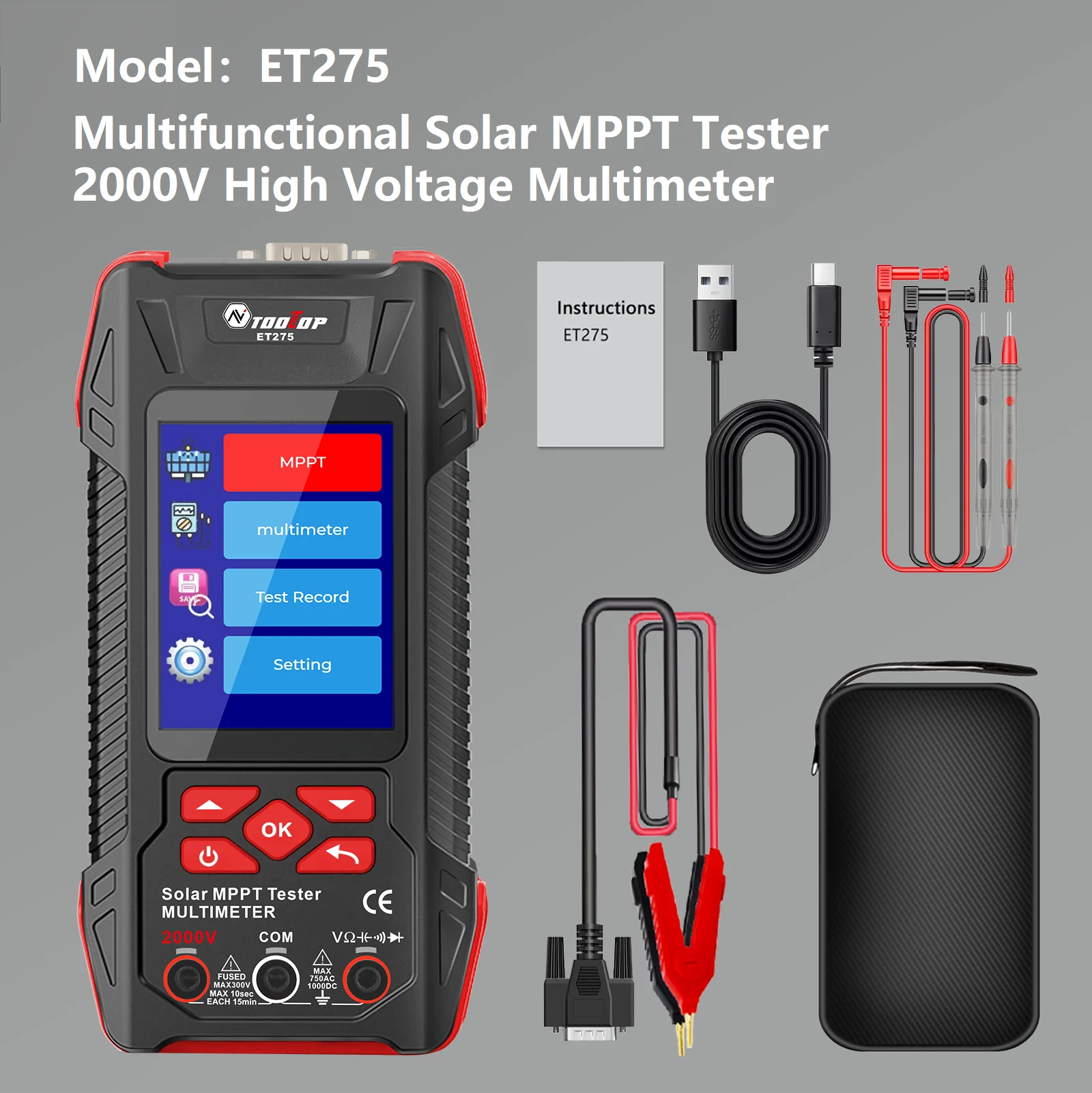 2000W Solar Panel Tester 3.2Inch MPPT Curves Photovoltaic Multimeter Pmax Voc Ls