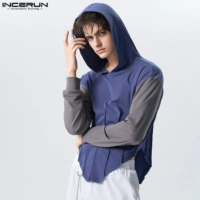 

INCERUN Men Hoodies Patchwork Hooded Long Sleeve Loose Autumn Casual Pullovers Streetwear 2024 Cozy Stylish Irregular Sweatshirt