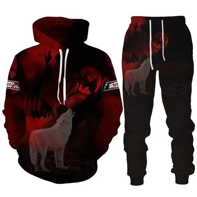 Autumn Men Animal Wolf Hoodie Printed Male Autumn Casual Sweatshirt Sweatpants Pullover Men Tracksuit Set Men's Clothing Suit 3