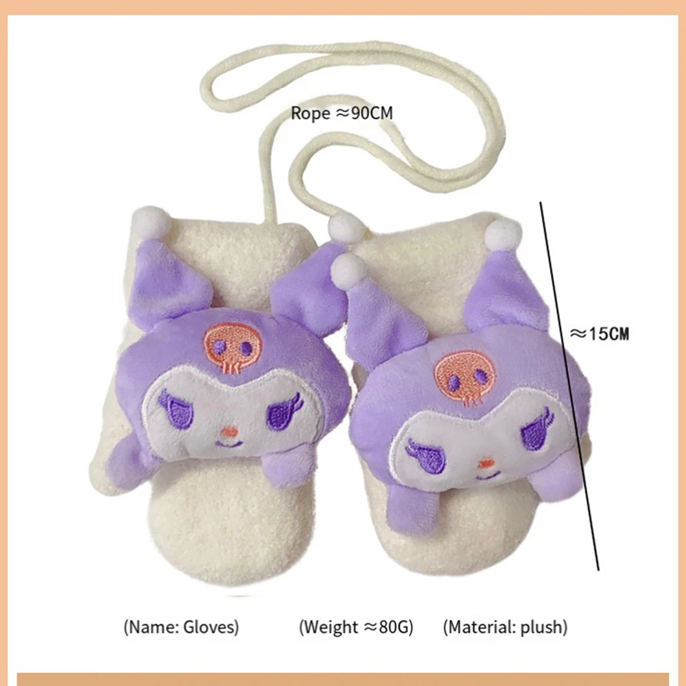 Winter Kids Full Finger Gloves Sanrio Anime Cinnamoroll Kuromi Melody Cartoon Kawaii Soft Warm Girl Gloves Thick Mitten 3-12Y