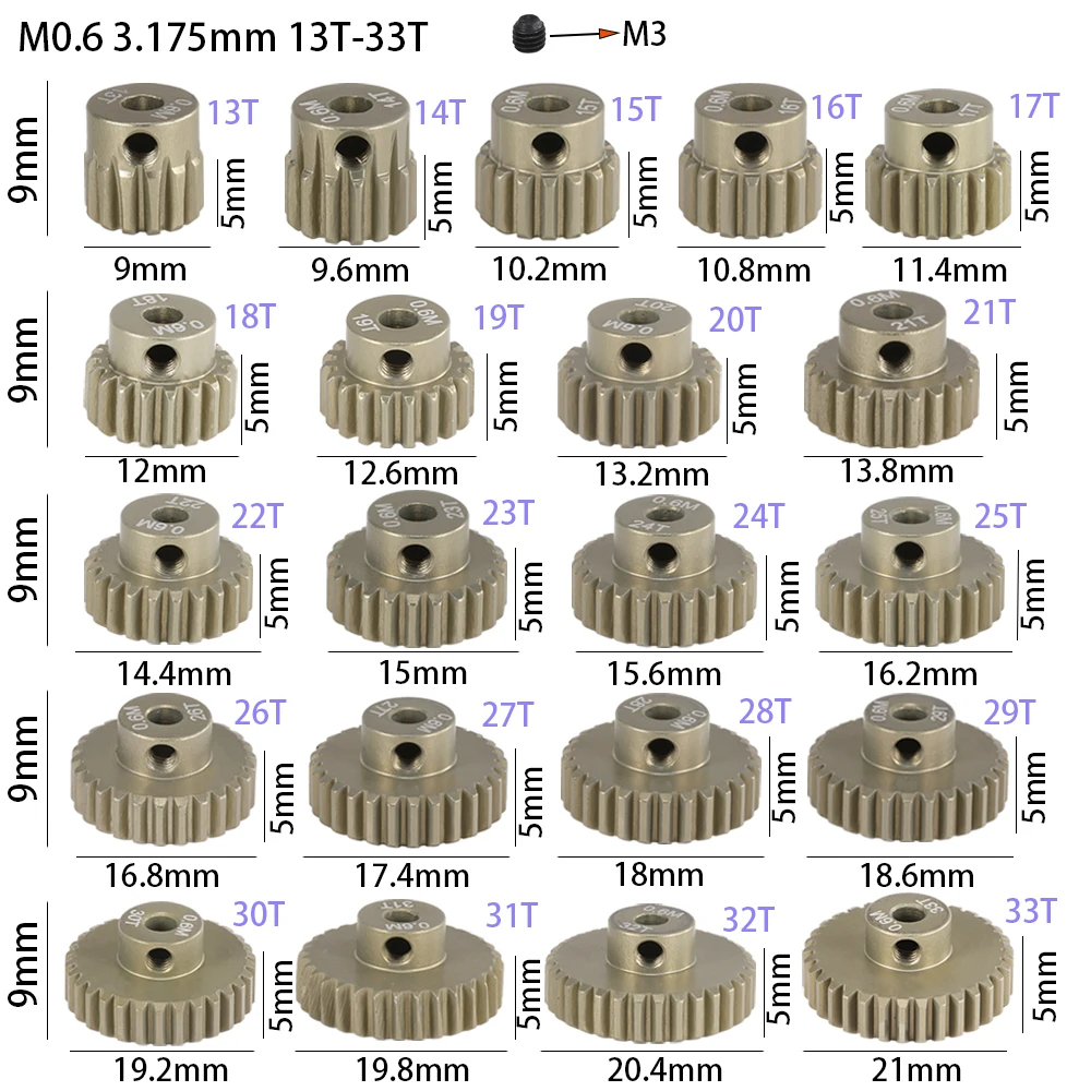 Motor Gear 13Teeth-33Teeth M0.6 3.175mm Mini Motor Gear for RC Model Car Aluminum Alloy Yellow Pinion for Remote Control Car Accessories