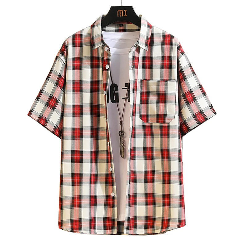 New Fashion Plaid Shirt Men Summer Casual Short Sleeve Shirts Men\'s Loose Beach Hawaiian Tops Blouse