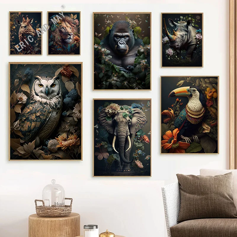 

Animals In Jungle Flowers Vintage Canvas Painting Poster Print Peacock Toucan Parrot Elephant Monkey Wall Art Room Home Decor