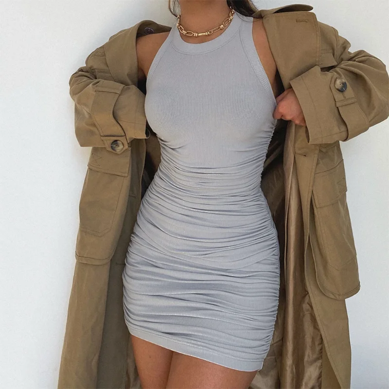 

HOUZHOU Vintage Mini Dress Women Summer Casual Elegant Aesthetic Ribbed Skims Short Dresses Ladies Bodycon Sexy Party Fashion