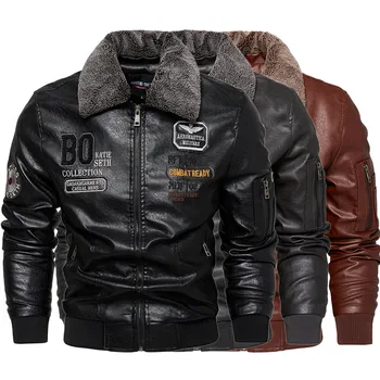 Business Slim fit Leather Bomber Jacket Men Slim Leather Flight Jacket Black Pilot Coat High Quality Man Fur collar Warm Jackets