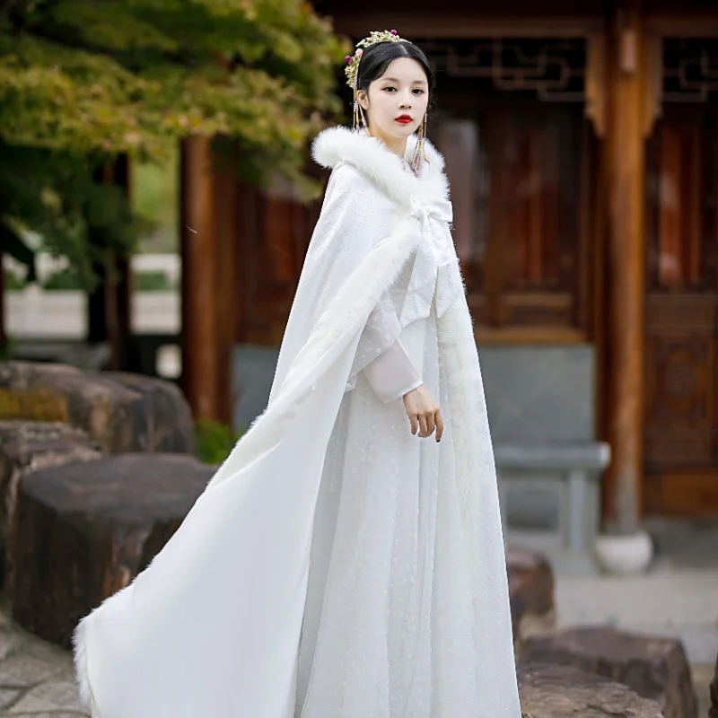 Chinese Style Ancient Costume Cloak Hanfu Cloak Female Winter Long Velvet Lining Thickened Ancient Style Shawl