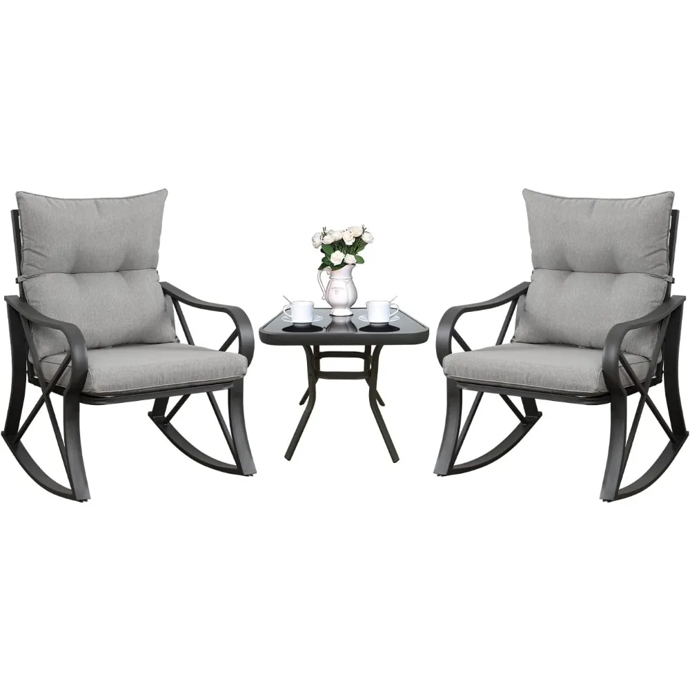 3 Piece Bistro Set Patio Rocking Chairs Outdoor Furniture w Warm Gray Cushions, Glass-Top Table for Garden, Pool, Backya 2