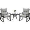 3 Piece Bistro Set Patio Rocking Chairs Outdoor Furniture w Warm Gray Cushions, Glass-Top Table for Garden, Pool, Backya 2